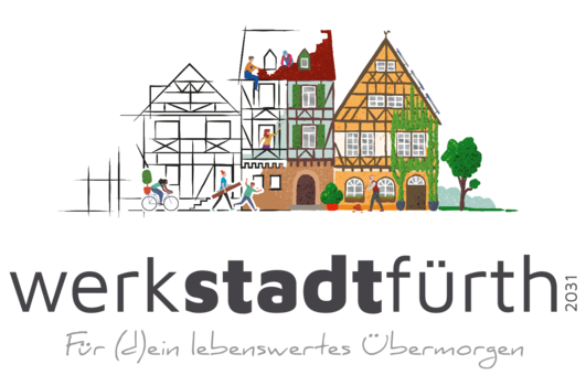 Das 'Werk Stadt Fürth 2031' logo zeigt die Fasade mehrerer Fachwerkhäuser in Entstehung